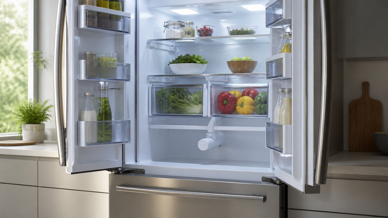 Open French-door fridge with an internal water filter installed horizontally beneath the crisper drawers