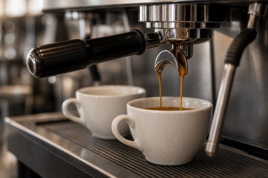 Commercial espresso machine pouring coffee